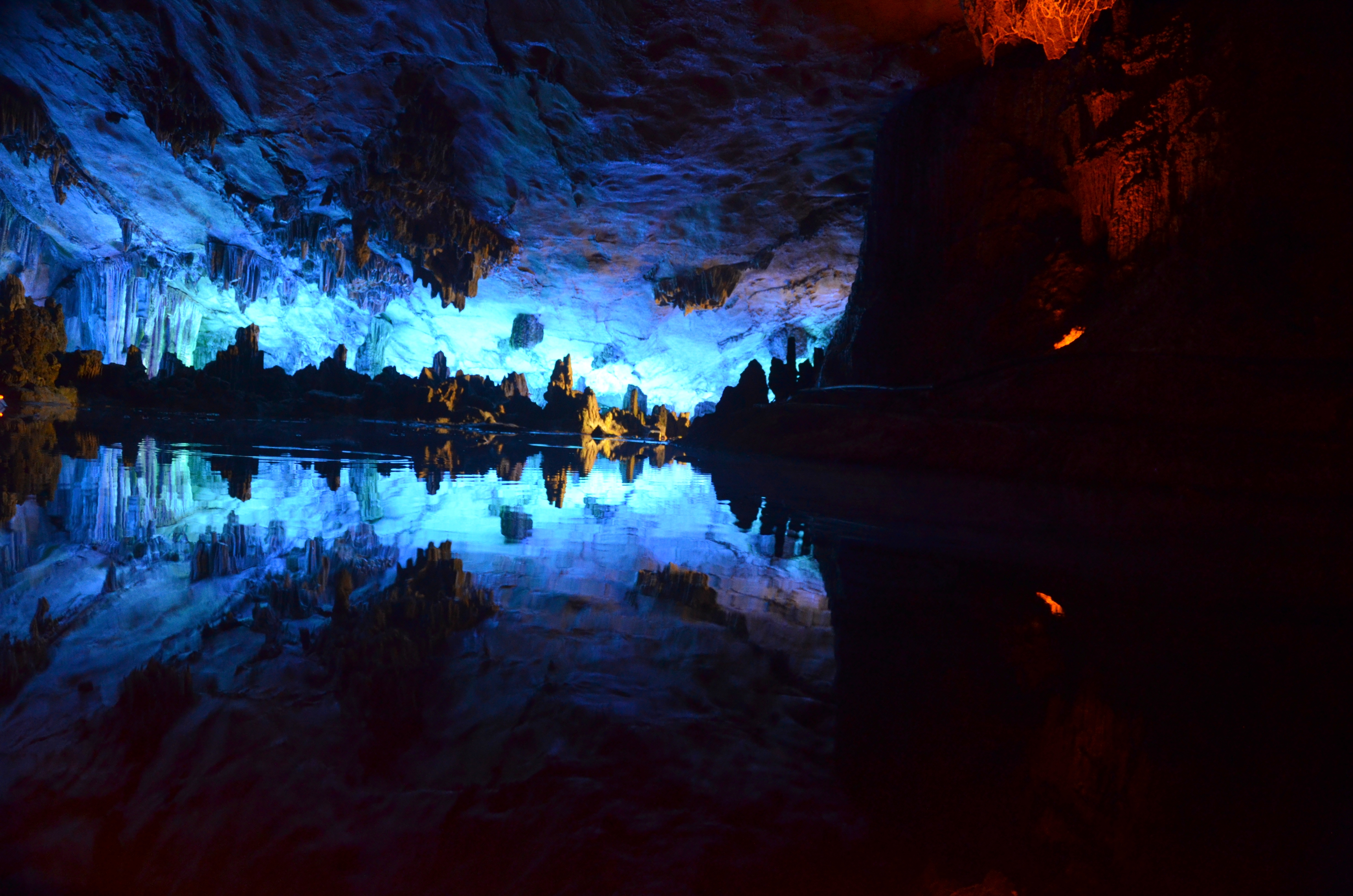 Colorful rock formations inside Reed Flute Cave in Guilin